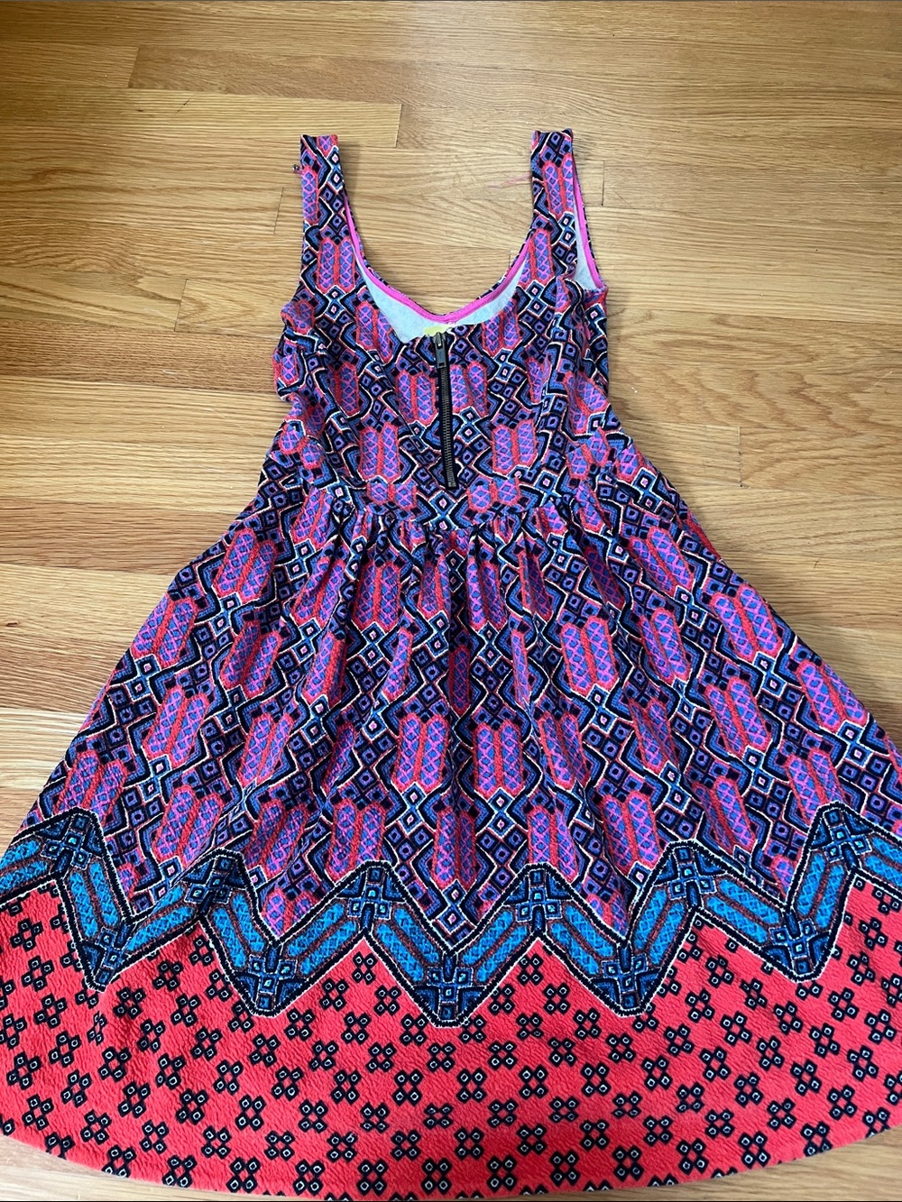 Maeve Pink and Blue Geometric Fit-and-Flare Sundress